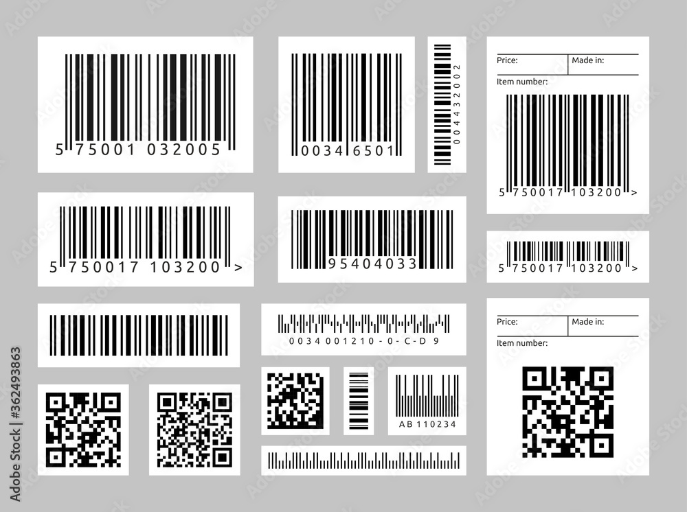 Barcode labels. Vector realistic set of scan bar label, QR codes, industrial price label isolated on white background. Black striped code for supermarket scanning, marketing and digital identification Barcode labels. Vector realistic set of scan bar label, QR codes, industrial price label isolated on white background. Black striped code for supermarket scanning, marketing and digital identification