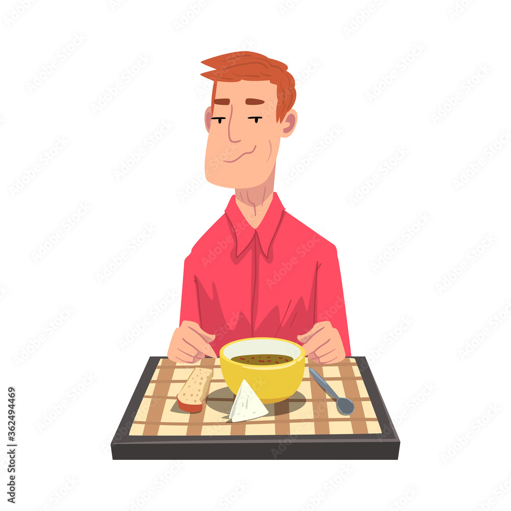 Young Man Having Dinner, Cheerful Guy Sitting at Table with Checkered Tablecloth Cartoon Vector Illustration Young Man Having Dinner, Cheerful Guy Sitting at Table with Checkered Tablecloth Cartoon Vector Illustration