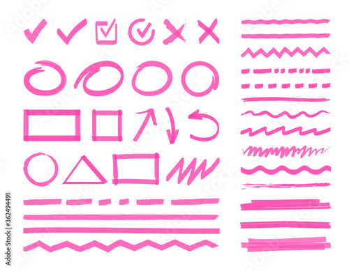 Vector highlight marker design elements, shapes, stripes, strokes and lines for text highlighting, marking or coloring. Abstract hand drawn highlighter marks, arrow, round, pointer. Grunge brush set.