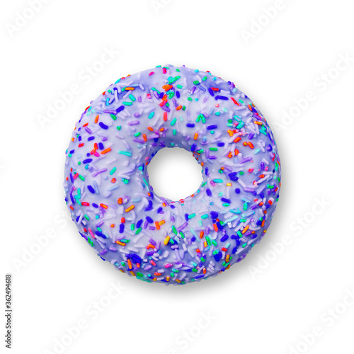 Purple color donut on a white background, dessert. Sweet pastry donut top view, junk food, comfort food