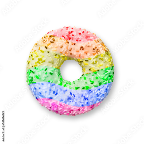 Donut LGBT flag color on a white background, dessert. Sweet pastry donut top view, junk food, comfort food