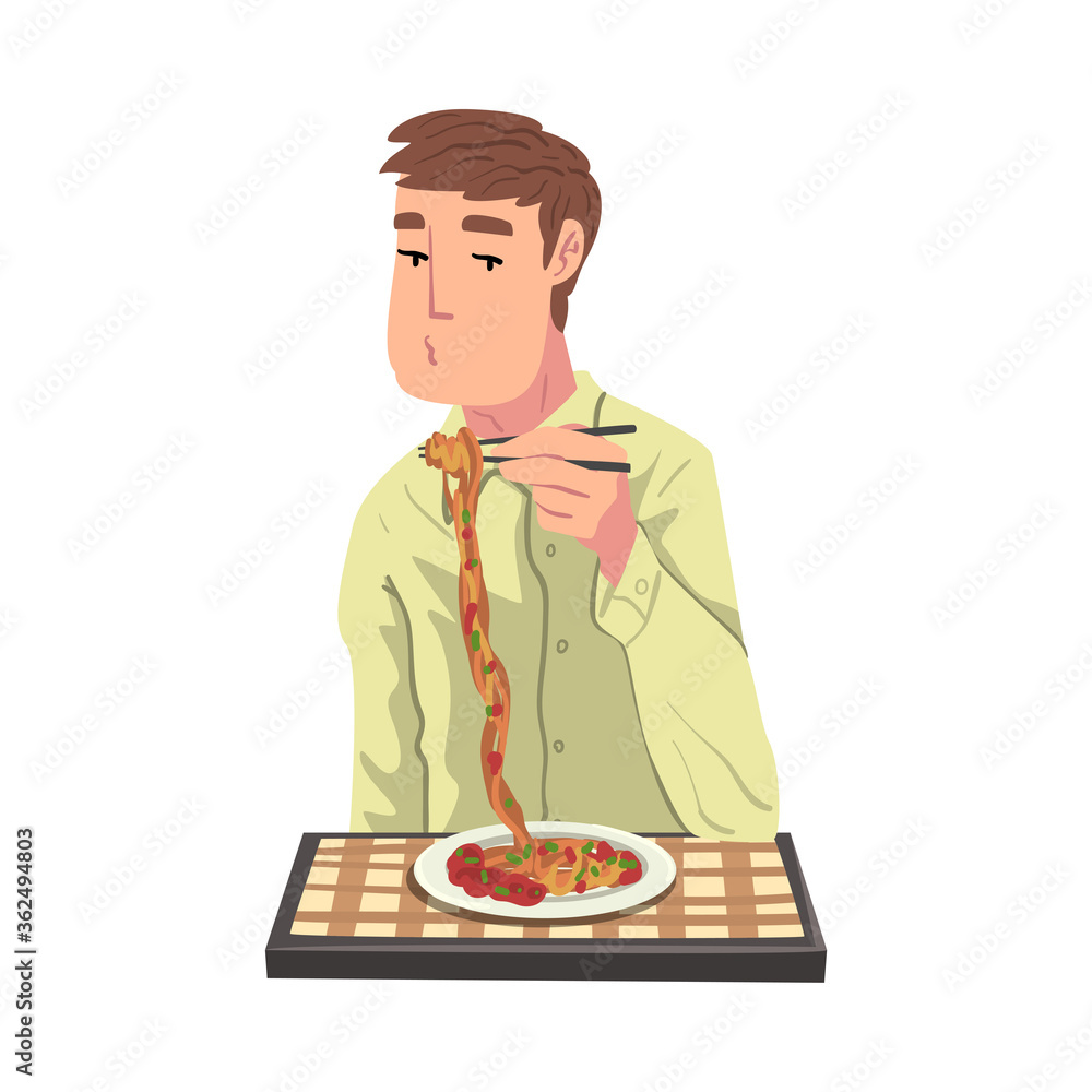 Young Man Eating Pasta, Cheerful Guy Sitting at Table with Checkered Tablecloth Enjoying Eating of Delicious Food Cartoon Vector Illustration Young Man Eating Pasta, Cheerful Guy Sitting at Table with Checkered Tablecloth Enjoying Eating of Delicious Food Cartoon Vector Illustration