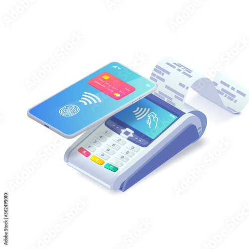 Contactless payment via smartphone isometric concept. 3d payment machine and mobile phone with credit card and fingerprint on screen. Success NFC payment transaction. Vector illustration for web, app