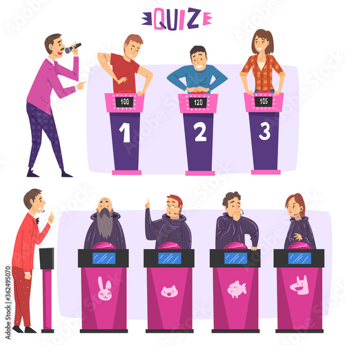 People Playing on Quiz Show Set, Participants Answering Questions on Television Conundrum Game, Presenter Asking Questions Cartoon Style Vector Illustration