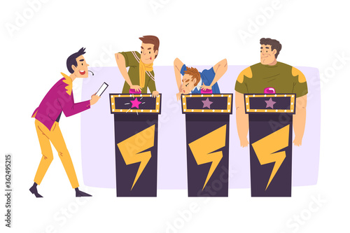People Playing on Quiz Show, Participants Answering Questions on Television Intellectual Game Cartoon Style Vector Illustration