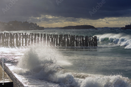 Big high tide and big waves on the Chaussée du Sillon in Saint Malo, Brittany, France