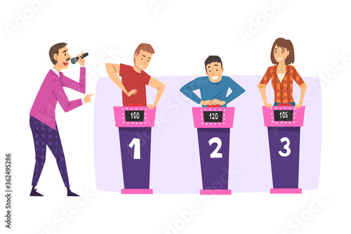 People Playing on Quiz Show, Presenter Asking and Participants Answering Questions on Television Conundrum Game Cartoon Style Vector Illustration