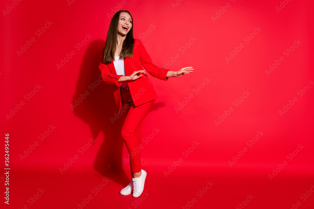 Full length photo of attractive funny lady successful worker having fun dance party colleagues event meeting good mood wear blazer suit pants shoes isolated red color background Full length photo of attractive funny lady successful worker having fun dance party colleagues event meeting good mood wear blazer suit pants shoes isolated red color background