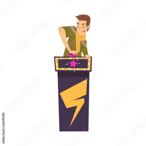 Man Guessing Questions on Quiz Show, Guy Pressing Button on Television Conundrum Game Cartoon Style Vector Illustration