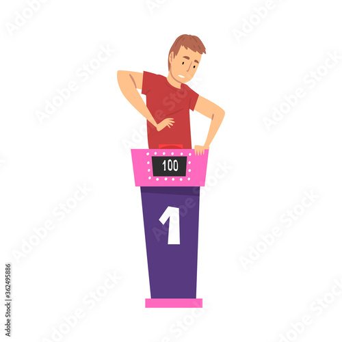 Man Guessing Question and Pressing Button on Quiz Show, Guy Playing on Television Conundrum Game Cartoon Style Vector Illustration