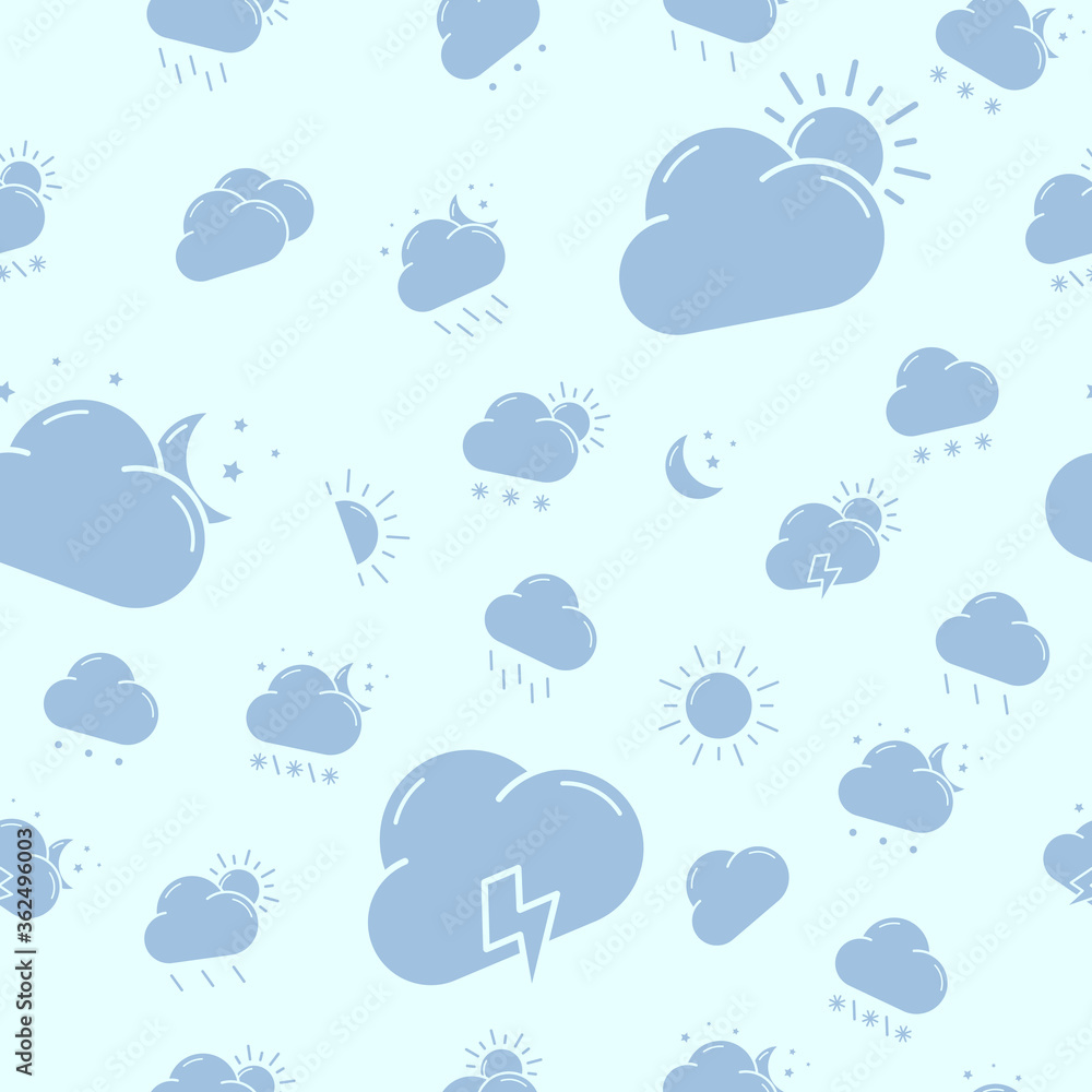 Obraz premium Weather - Vector background (seamless pattern) of silhouettes snow, storm, rain, cloud, sunny, wind and moon for graphic design