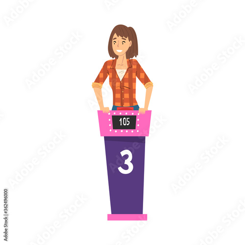 Smiling Woman Guessing Questions on Quiz Show, Girl Pressing Button and Answering Question on Television Conundrum Game Cartoon Style Vector Illustration