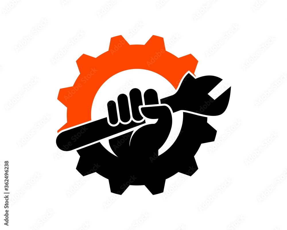 Gear with hand and wrench inside Gear with hand and wrench inside