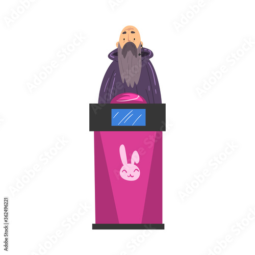 Mature Bearded Man Guessing Quiz Question, Participant Answering Question on Television Intellectual Game Cartoon Style Vector Illustration