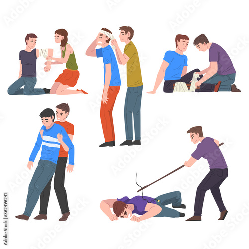 Emergency First Aid Procedures Set, People Helping Victim Persons Vector Illustration on White Background.