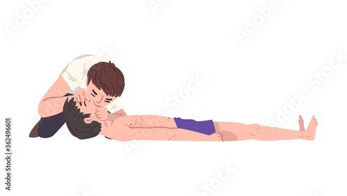 First Aid to Drowned Person, Man Doing Mouth to Mouth Breathing Vector Illustration