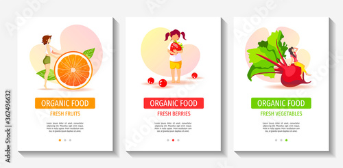 Set of flyers for Healthy eating, Organic food, Diet, Fresh fruit, berries and vegetables, Online food ordering, Farming concept. Vector illustration for poster, banner, cover, flyer.