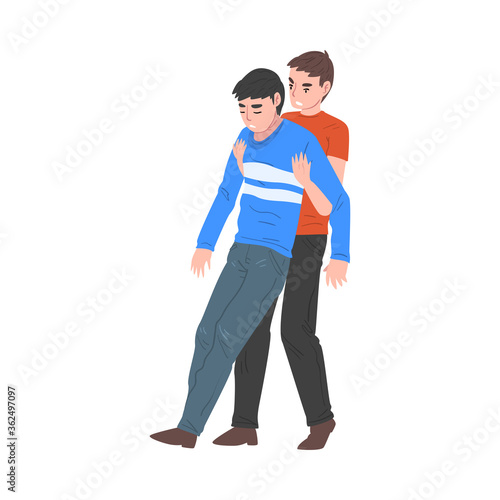 Man Carrying Unconscious Injured Person, First Aid Vector Illustration on White Background.