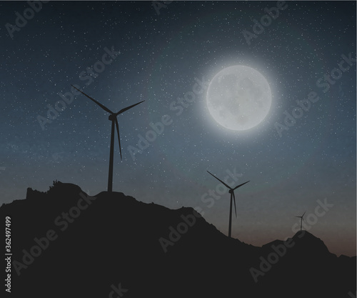 The Wind Driven Power Generators Under The Moonlight