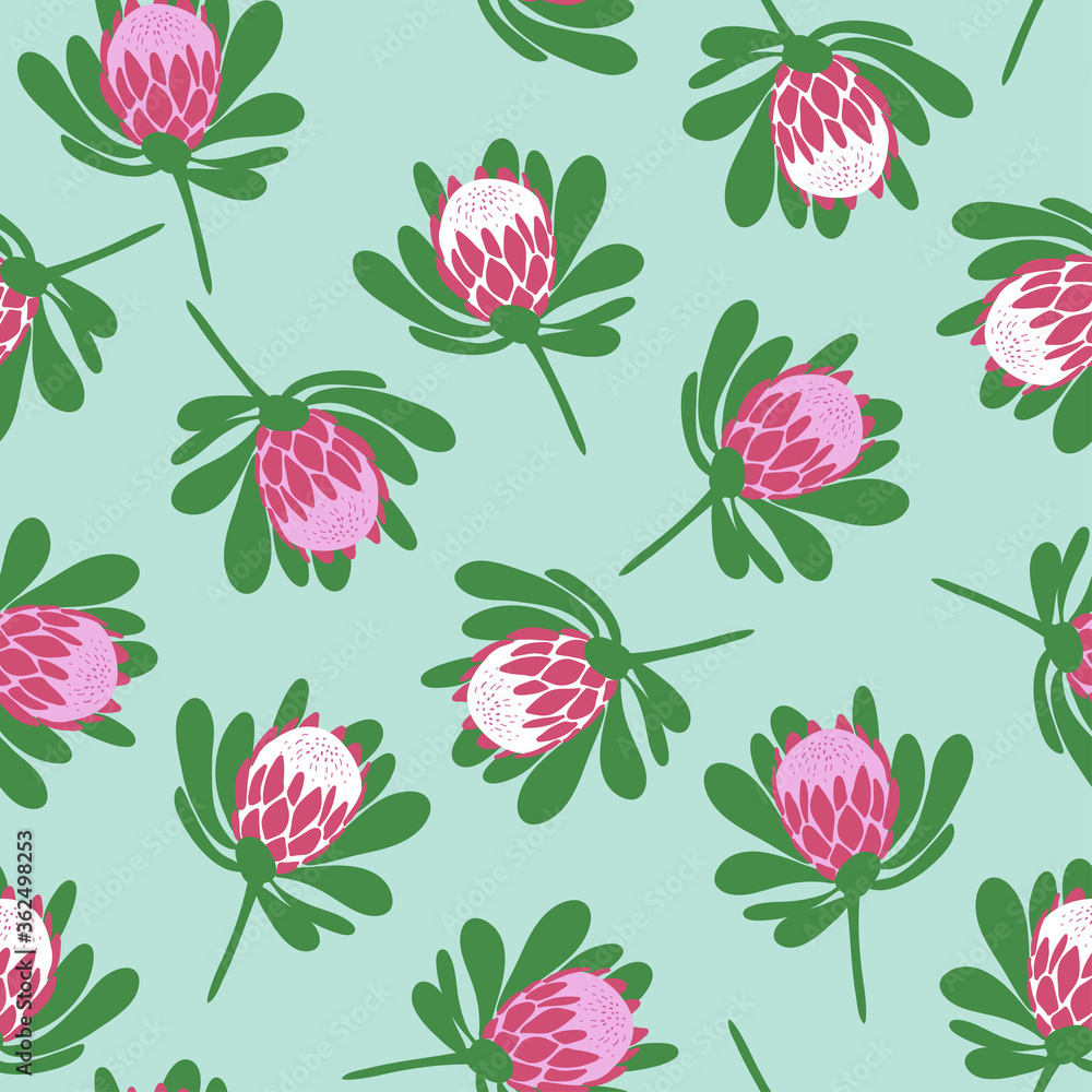 Tropical protea flowers seamless pattern on light green background