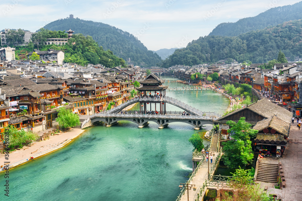 Naklejka premium Awesome aerial view of Phoenix Ancient Town, Fenghuang, China