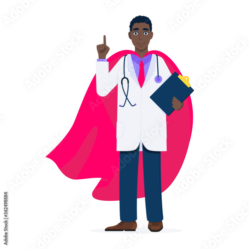 Young adult doctor hospital medical employee with hero cape behind fights against diseases and viruses on frontline flat style vector illustration. Doctor physician medical clinic staff new hero.