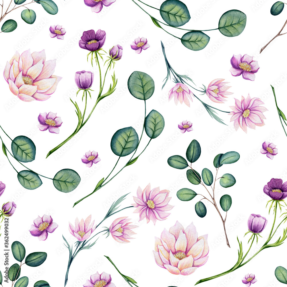 Seamless Pattern of Watercolor Light Pink Flowers