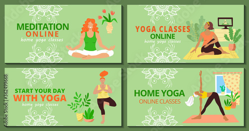 Banner for web page templates set. Meditation and yoga classes online advertising. Girls in tracksuits are doing asanas ans meditate in the home interior . Stock vector flat illustration.