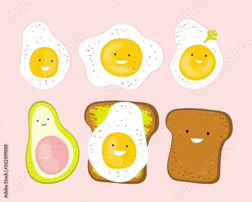 Funny cartoon characters food for Breakfast. Happy fried egg, avocado, toast, bread. Set products for a healthy Breakfast. Hand drawn vector characters for kids poster, banner, print, t-shirt design.