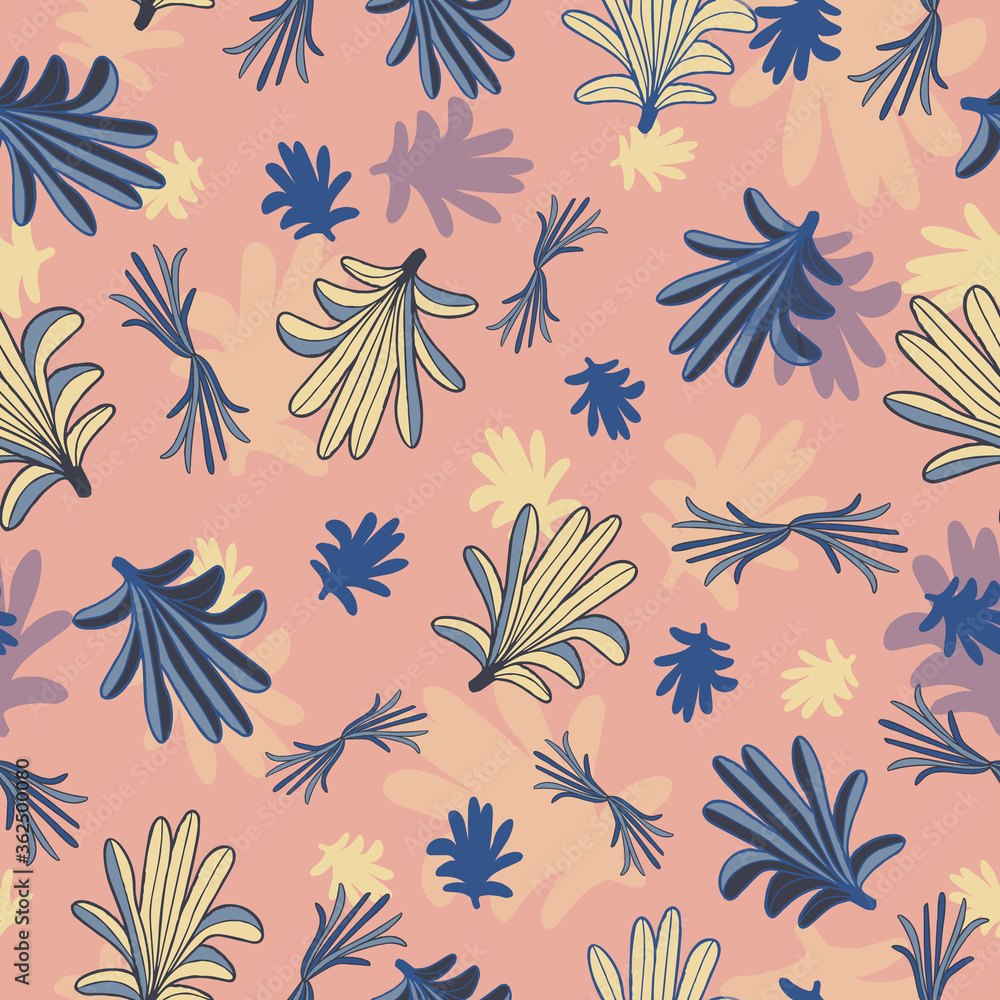 Vector blue yellow leaves, palms seamless pattern
