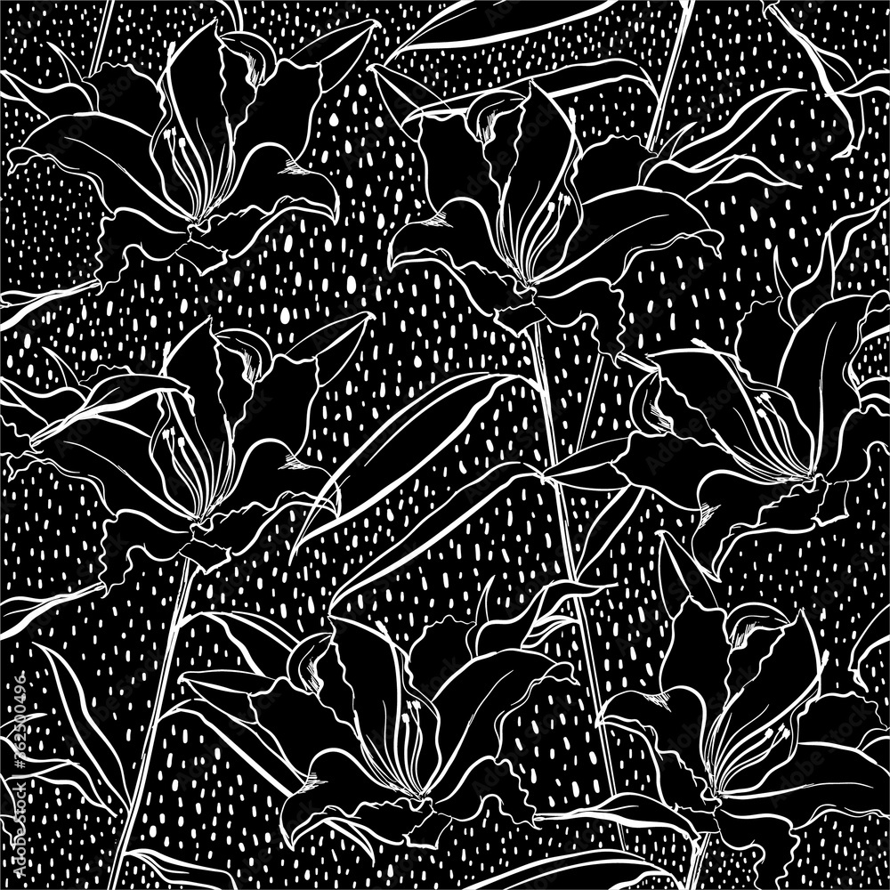 Modern hand drawn Black and white line lily flowers with dots seamless ...