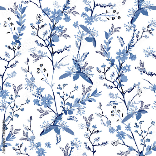 Beautiful monotone hand drawn botanical florals on blue shade seamless pattern in vector EPS10 ,Gentle and stylish design for fashion, fabric, wallpaper, wrapping and all prints