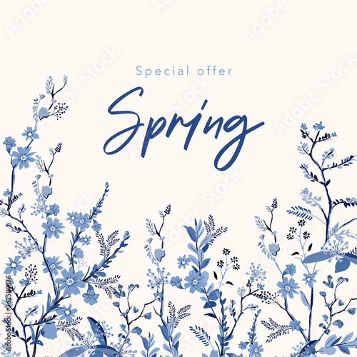 Spring banner background with beautiful hand drawn monotone blue florals Vector illustration  EPS10 Design for banners,card, invitations, cover