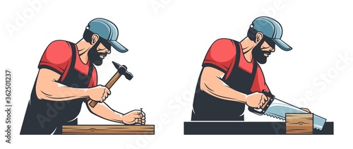 Carpenter with hand saw and wood plane. Worker handyman with hammer and nail. Vector vintage illustration.