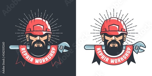 Handyman in hard hat and adjustable wrench - Mechanic repair service workshop retro emblem. Repairman in helmet and tool. Vector illustration.