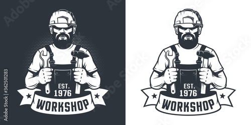Bearded Worker in hard hat with hammer and wrench -vintage logo. Handyman mechanic in builder helmet - retro emblem. Vector illustration.