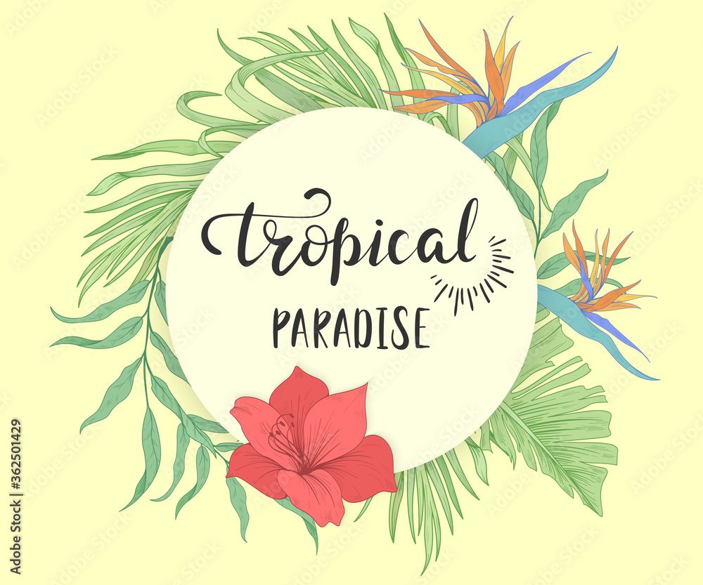 Obraz premium Tropical paradise. Background with exotic flowers and palm leaves
