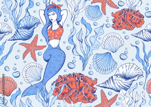 Seamless pattern with marine and nautical elements. Hand drawn outline. Mermaid, shells, coral, seaweed, etc