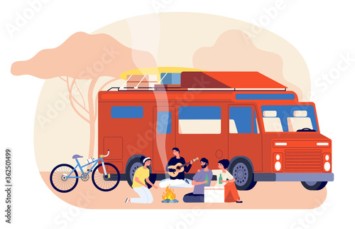 Travel on car. Friends journey, nature stay. Young people travelling on auto. Tourists with backpack sitting fire vector illustration. Travel picnic friend, tourist lifestyle, traveler guy outdoor