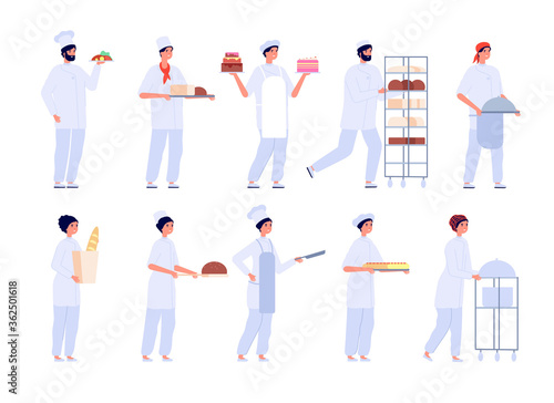 Bakers characters. Cartoon cute girl bake cake. Flat professional chef baking. Bakery, confectionery and bread, people cooking vector set. Cake and baker cooking, baking dessert or pastry illustration