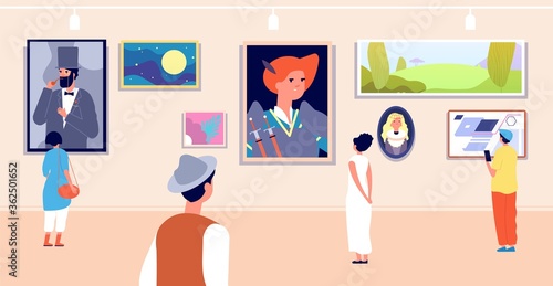 Art gallery. Artistic museum painting exhibition tour. Artist paintings, canvas image and visitors. Woman and exposition vector illustration. Gallery museum exhibition, painting by artist
