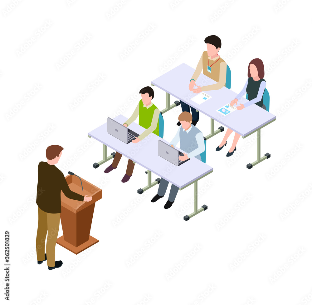 Business conference. Isometric students or visitors, man speaker on tribune. 3d advertising marketing trainig, university lecture vector illustration. Student at conference in classroom presentation