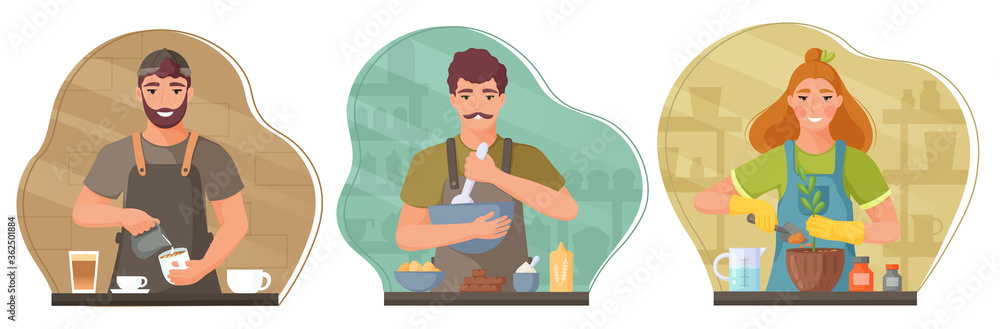Collection of different professions people. Barista, confectioner, gardener. Vector illustration. Collection of different professions people. Barista, confectioner, gardener. Vector illustration.
