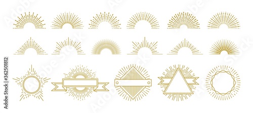 Vintage gold sunburst. Circle lines decorations, sunrise graphic elements. Hipster sunburst icons. Isolated retro badges with radiant star rays vector set. Illustration sunburst and sunshine shape