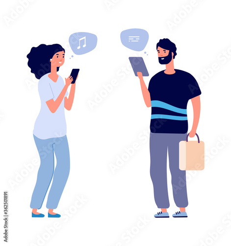 Gadgets using. People chatting, man woman search information in internet. Web connecting and conversation. Flat guys with smartphones vector illustration. Internet smartphone communication