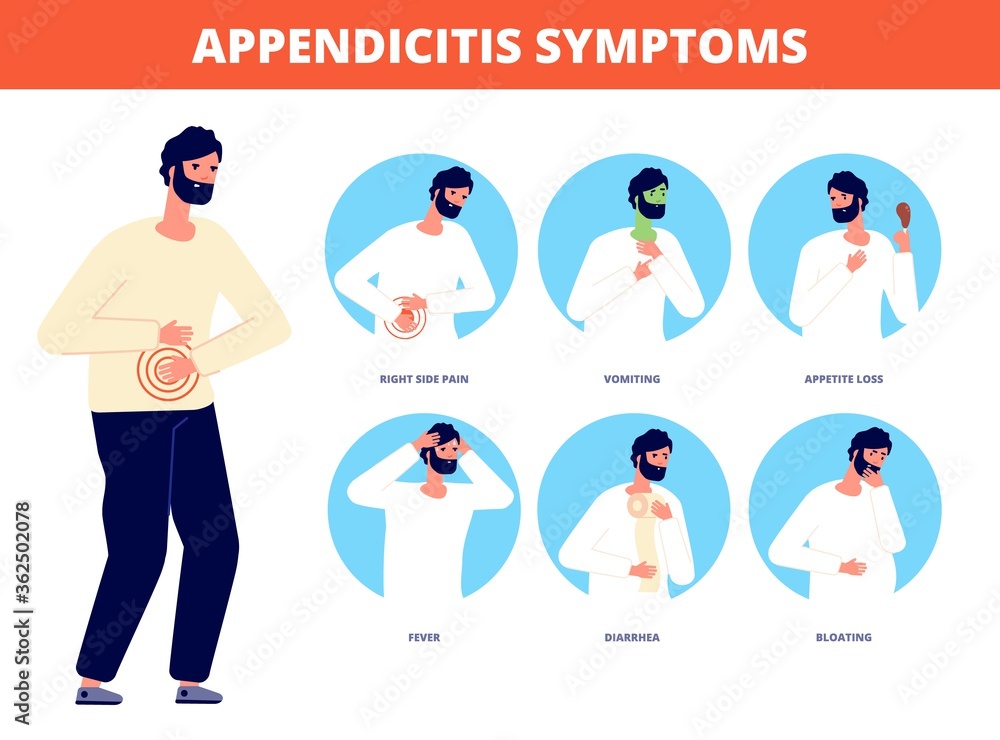 Appendicitis symptoms. Abdominal pain disease, diarrhea nausea vomiting. Stomach gastric spasms colic, emergency patient vector illustration. Abdominal pain and appendix sickness, diarrhea and ache