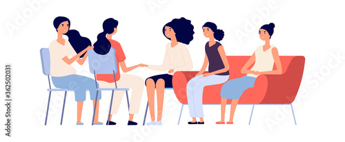 Woman club. Group psychotherapy, flat female characters together. Emotional support, friendship or family. Isolated psychologist consulting girls vector illustration. Psychological support woman
