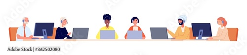 Hotline service. Customer support team, call center business office operators in headset. Multicultural staff helpdesk vector illustration. Office support center, online assistant and consultant