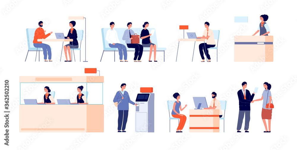 Bank clients service. Banking office, counter and client service. Cash desk, cashier atm professional loan consultant vector illustration. Office finance bank service, counter financial Bank clients service. Banking office, counter and client service. Cash desk, cashier atm professional loan consultant vector illustration. Office finance bank service, counter financial