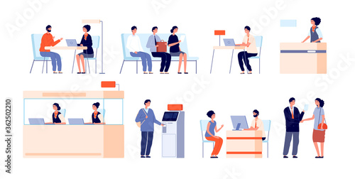 Bank clients service. Banking office, counter and client service. Cash desk, cashier atm professional loan consultant vector illustration. Office finance bank service, counter financial